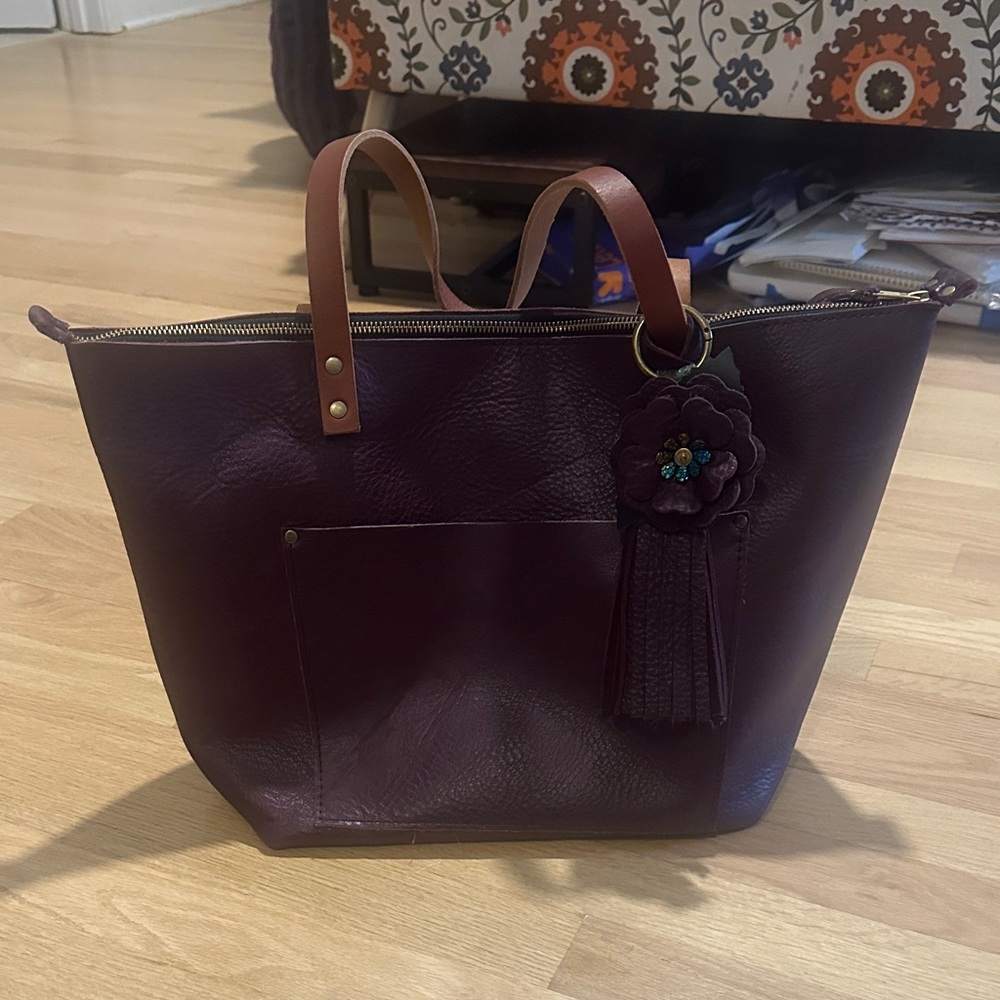Portland leather large plum zip tote